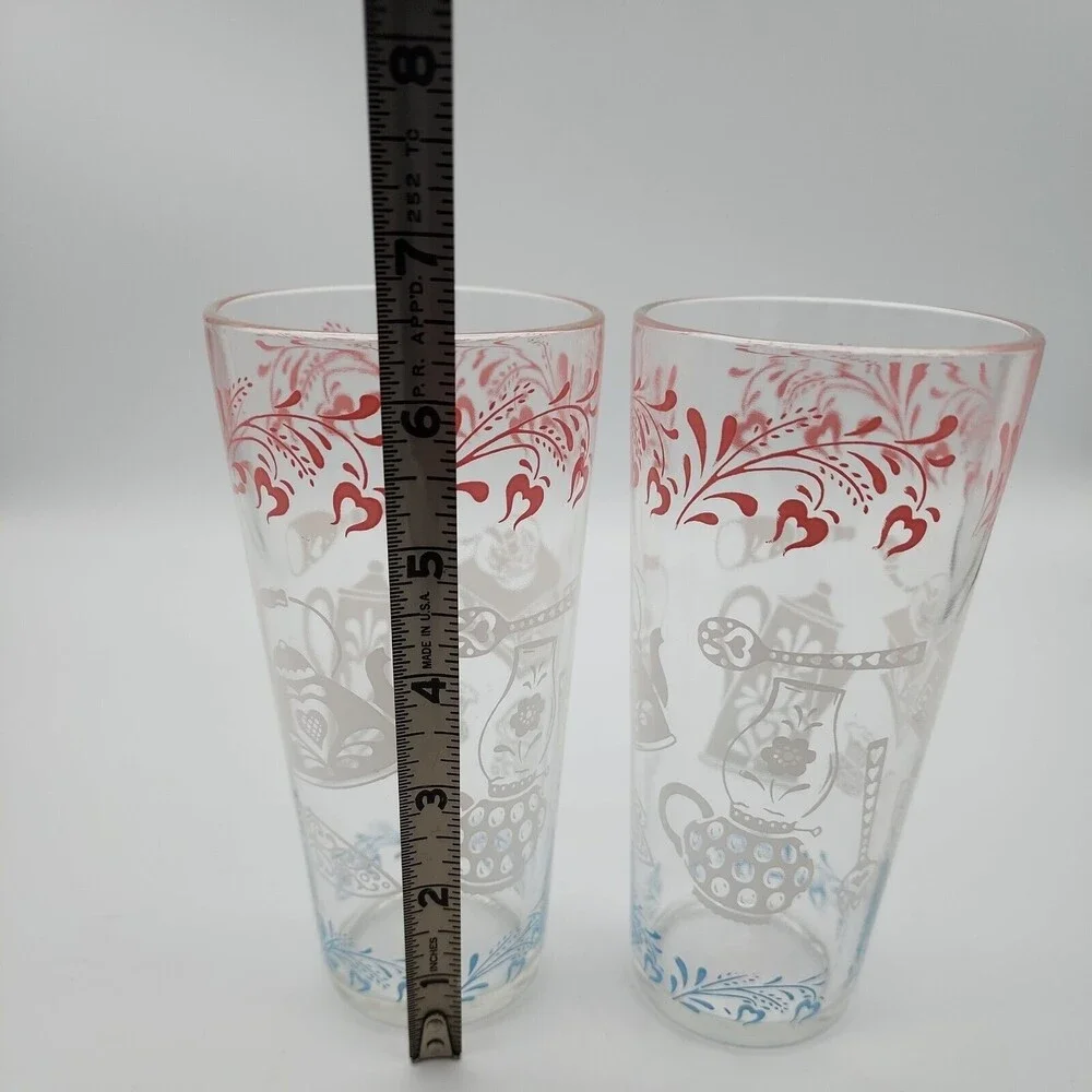 Hazel Atlas Kitchen Aids Iced Tea Tumblers 16oz Drinking Glasses Pink White Blue